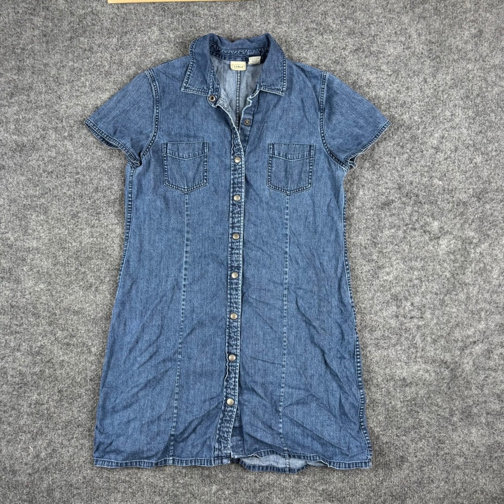 L.L. Bean Dress Womens 14-PET Blue Denim Button Front Short Sleeve Pockets